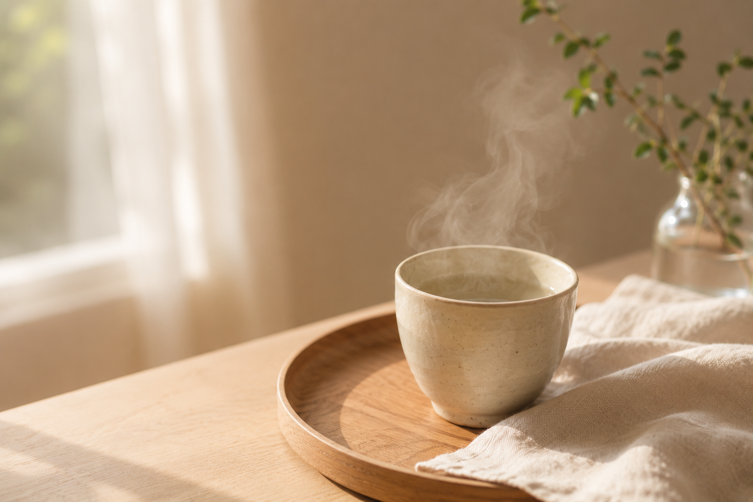 朝の窓辺に置かれた温かいお茶のカップ。湯気が静かに立ち上る