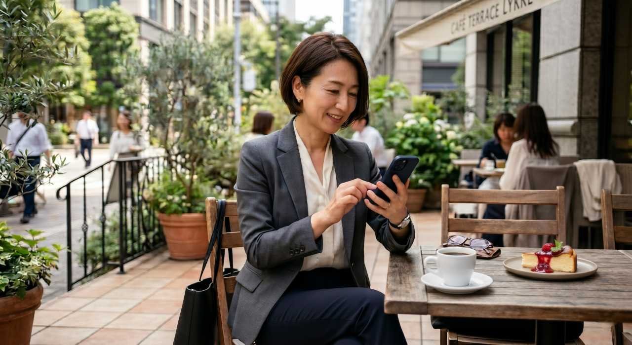 更年期に感じるお肌の乾燥とは？毎日のスキンケアでできること-カフェテリアでくつろぐキャリアウーマン-｜LAVIN